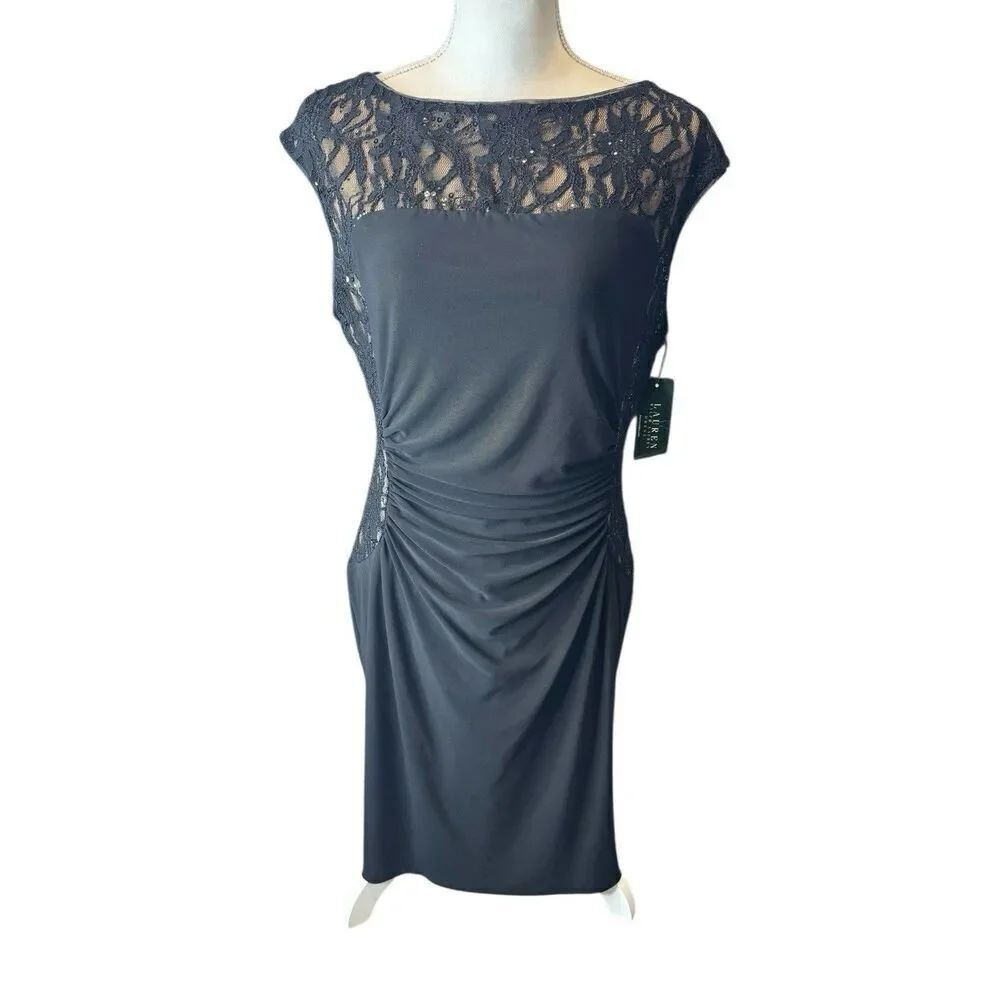 Ralph Lauren Evening Dress Black 12 Wedding Party Stretch Cruise Sequin Lace NEW